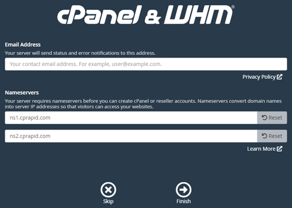 cPanel email address and name server configuration