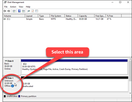 Unallocated disk attached to your Windows Server instance