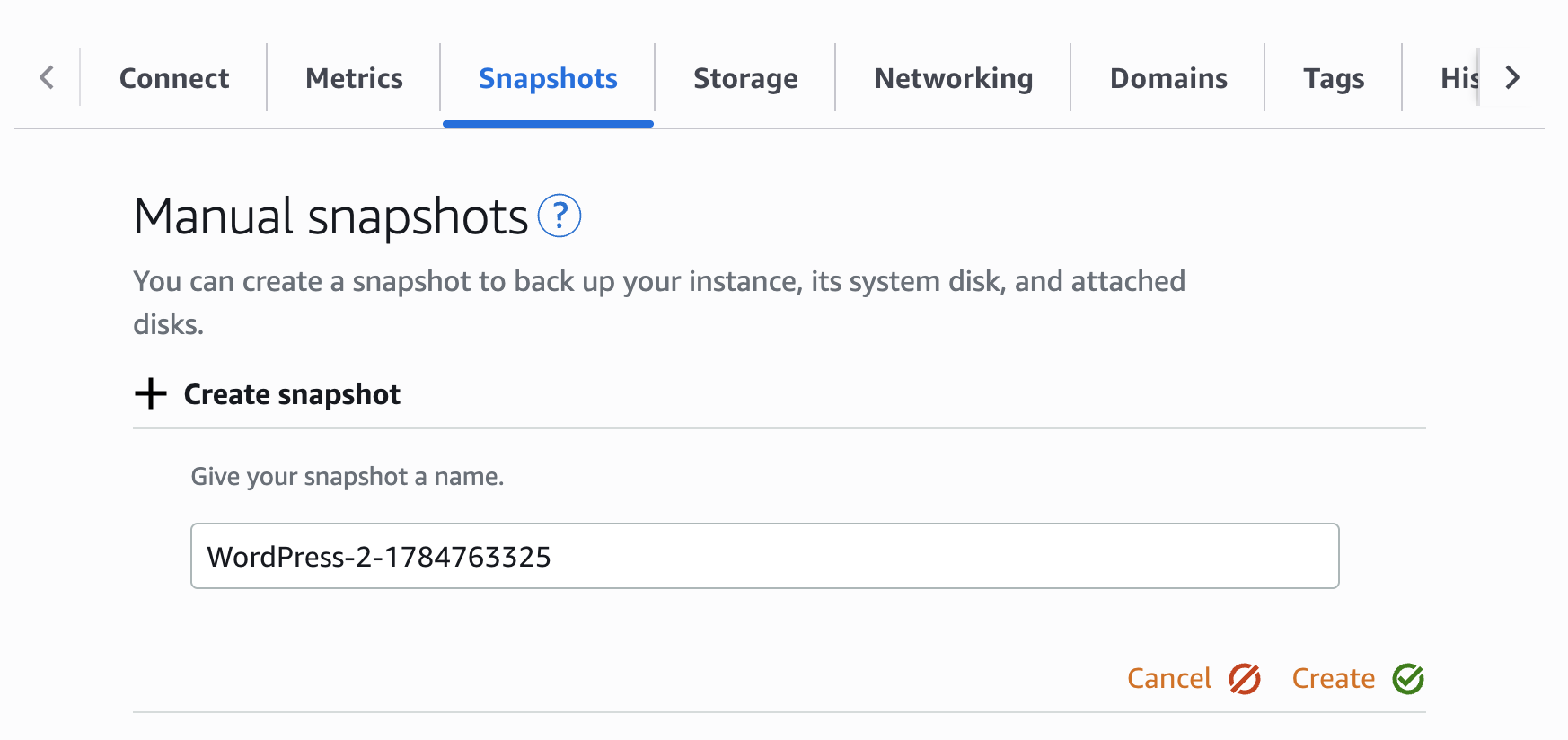 Creating a manual snapshot of a WordPress instance in the Lightsail console.