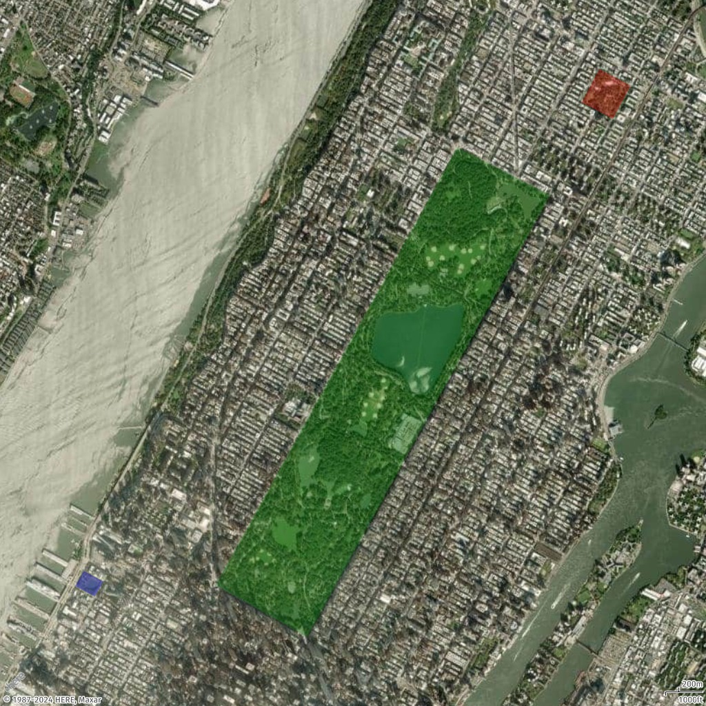 Example map showing multiple polygons around parks in NYC.