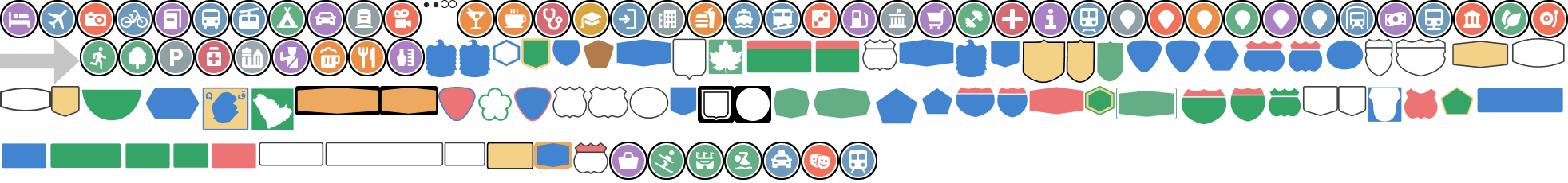 Collection of colorful icons representing various travel, transportation, and service symbols.