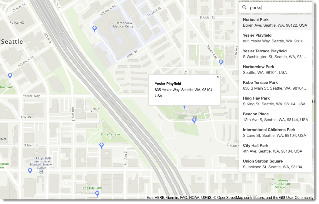 Example map style in an app, showing parks mapped in central Seattle