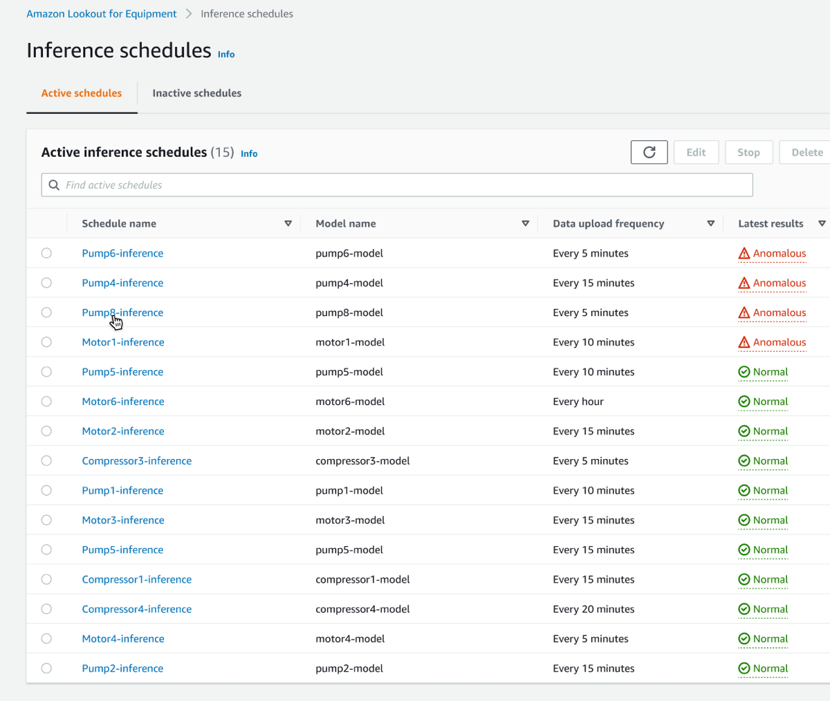 Inference schedules table showing active schedules for various equipment models with status indicators.