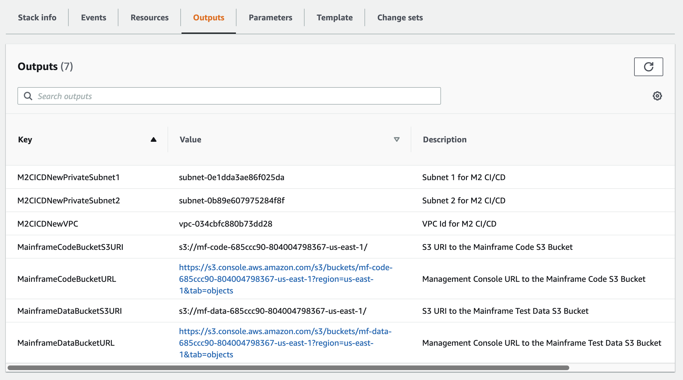 The AWS CloudFormation Outputs tab, displaying Amazon S3 buckets.