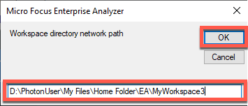 The Enterprise Analyzer dialog box Workspace directory network path with an example path.