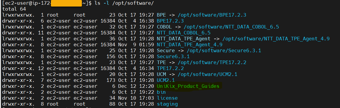 SSH screen with details of /opt/software/ folder. Spot the folder UniKix_Product_Guides.