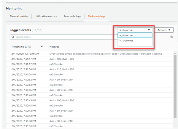 Screenshot of the log filtering UI for chaincode events