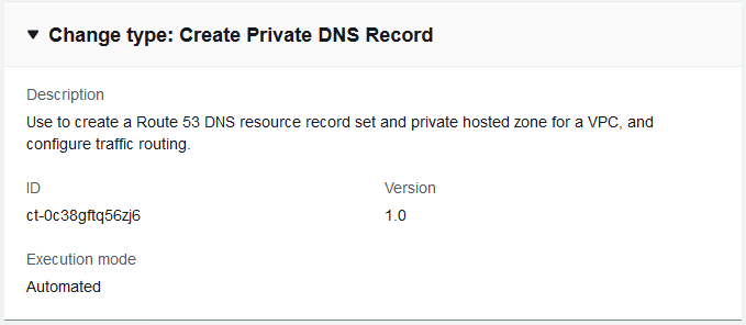 Change type details for creating a private DNS record, including description and execution mode.