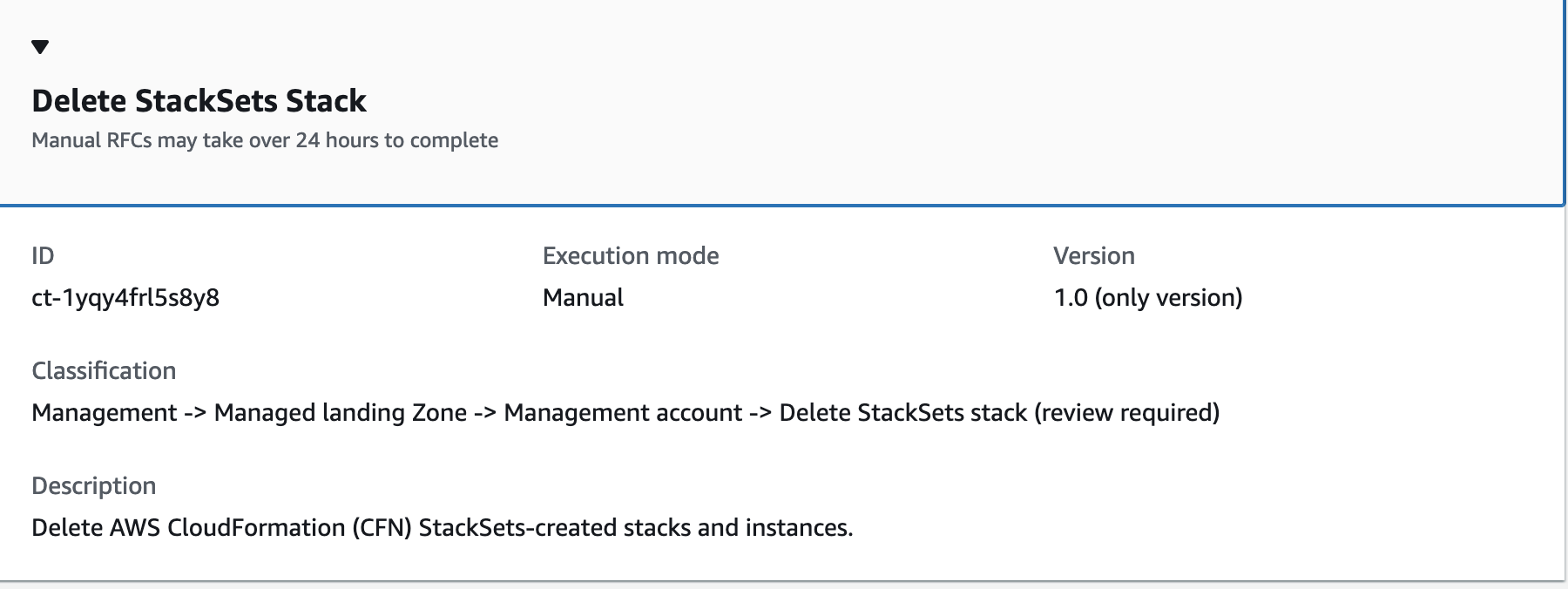Change type details for deleting StackSets stack, including ID, execution mode, and classification.
