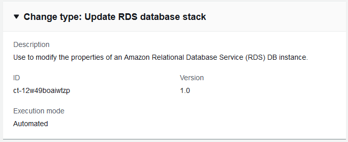 Change type details for updating an Amazon RDS database stack, including ID and version.