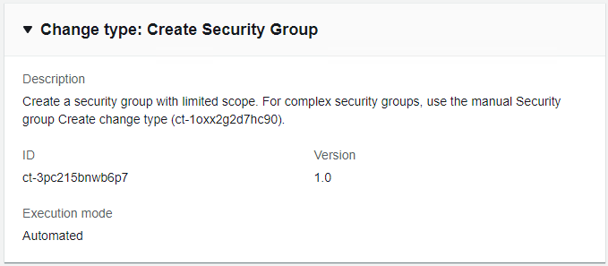 Change type details for creating a security group with limited scope, including ID and version.