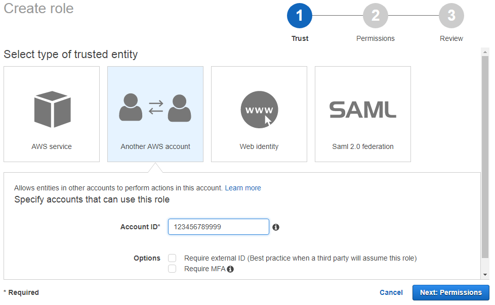 Interface for creating a role, showing options to select trusted entity types for AWS accounts.