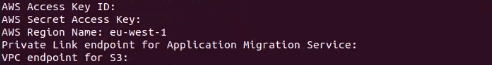 Terminal window displaying AWS access key details and endpoint information.