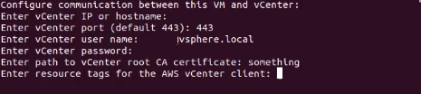 Command line interface prompting for vCenter connection details including IP, port, and credentials.