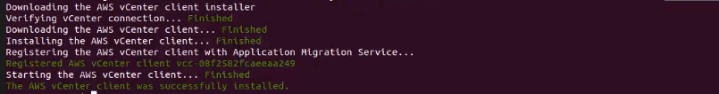 Terminal output showing successful download and installation of AWS vCenter client.