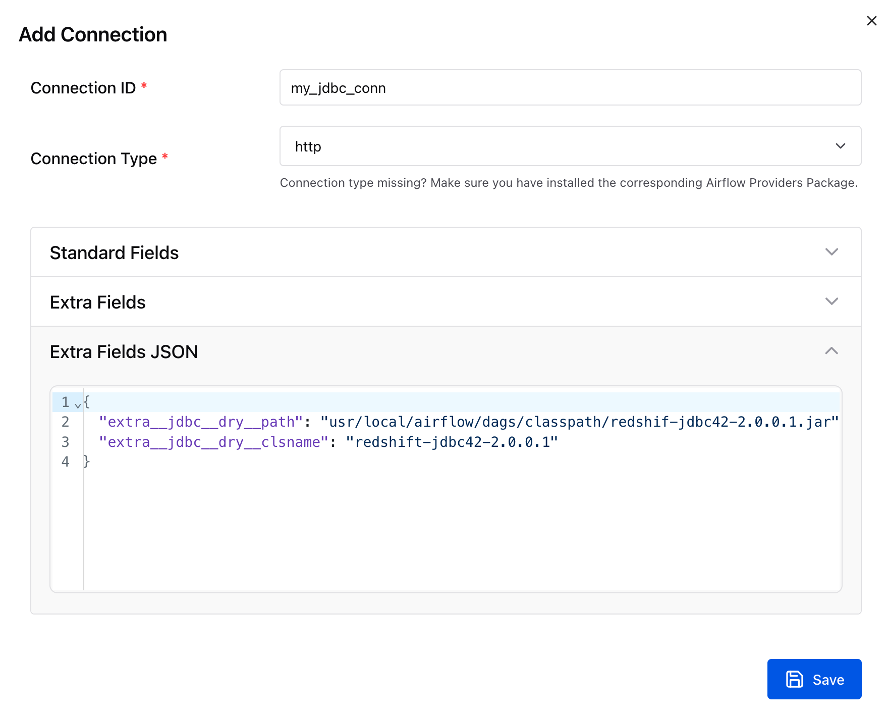 This image depicts the HTTP connection type for a Jdbc connection in the Apache Airflow UI.