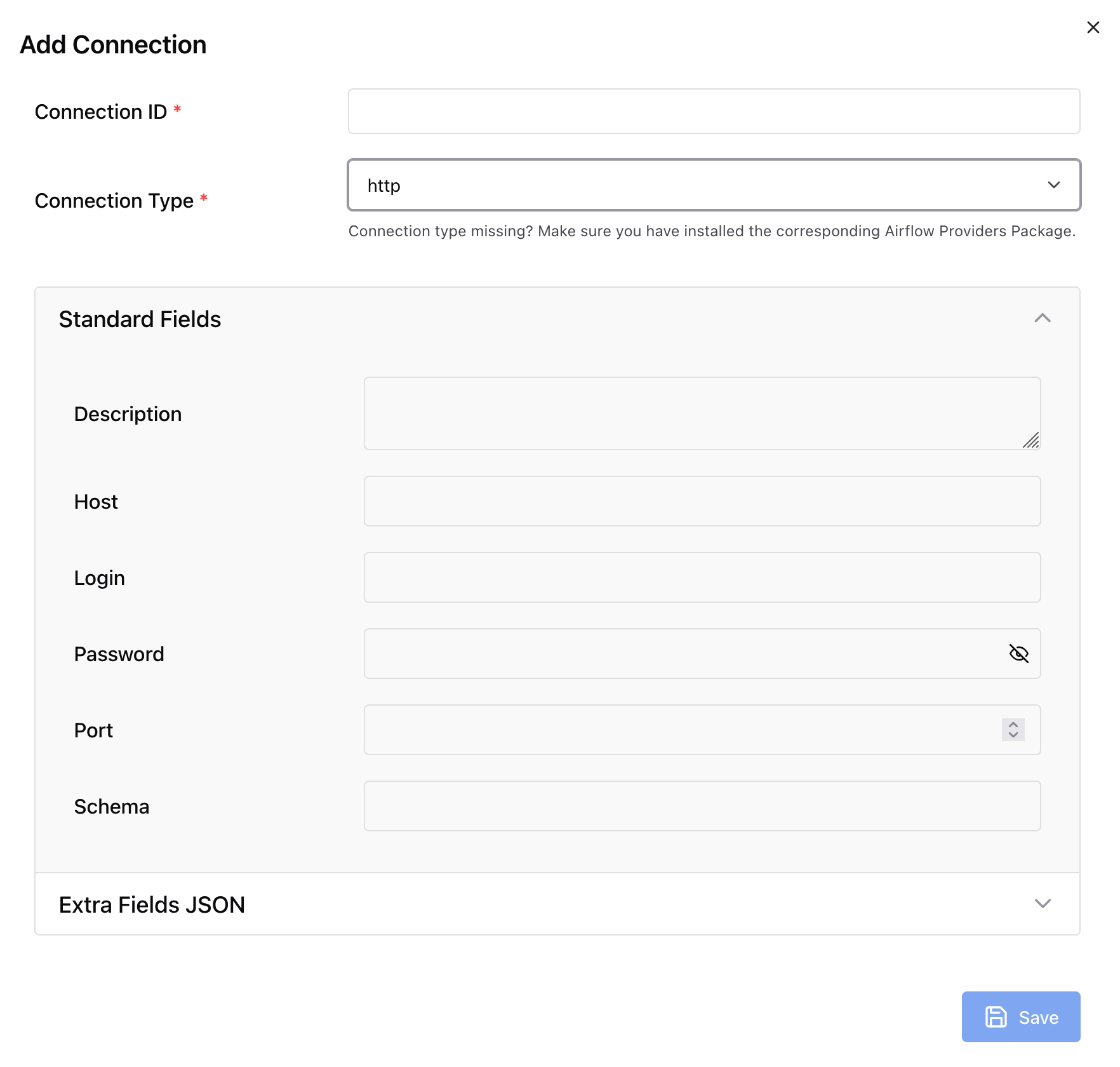 This image depicts the HTTP connection type in the Apache Airflow UI.