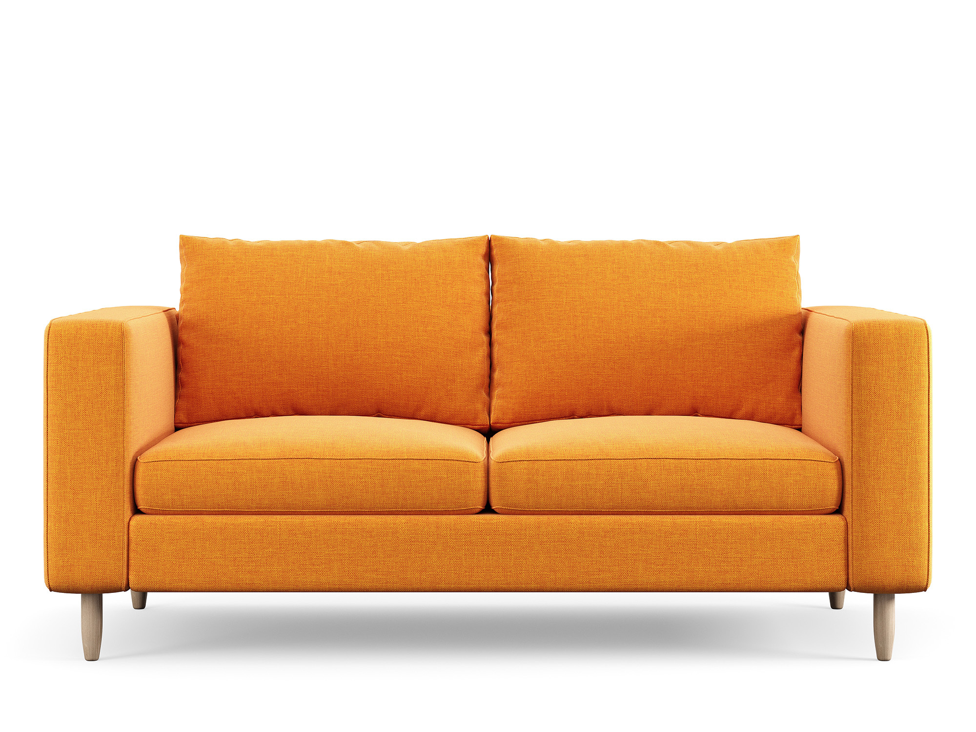 An orange couch against a white background.