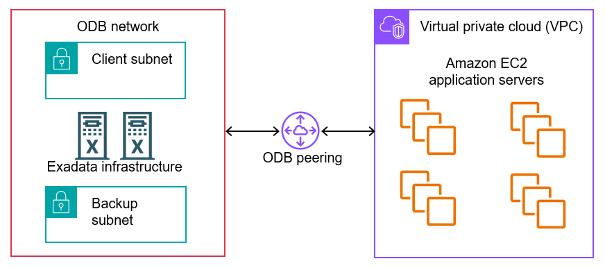 Shows an ODB network peered with a VPC with connection points and network traffic paths.