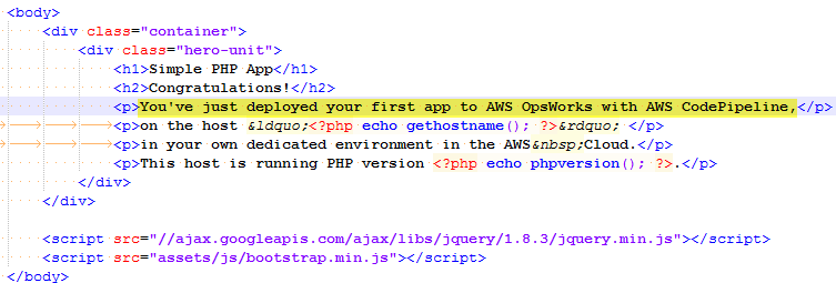 HTML code snippet showing a simple PHP app deployment message with AWS services.