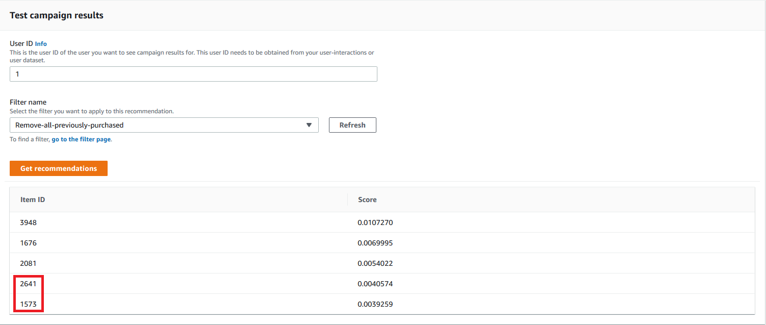 Depicts recommendation results with a filter applied.