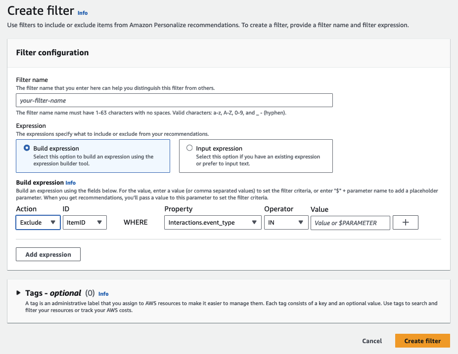 Depicts the create filter page with filter name and expression fields.