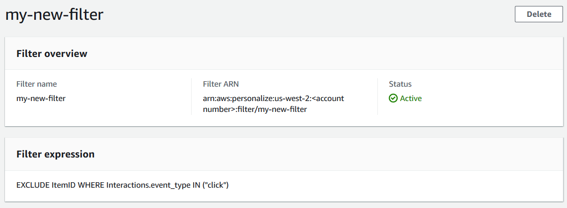 Depicts the filter details page with the filter's ARN and expression.