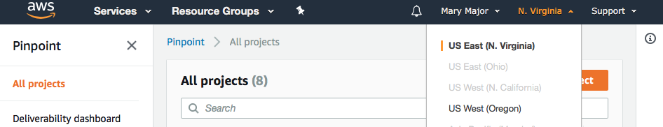 The Region drop down showing US East (N. Virginia) selected.