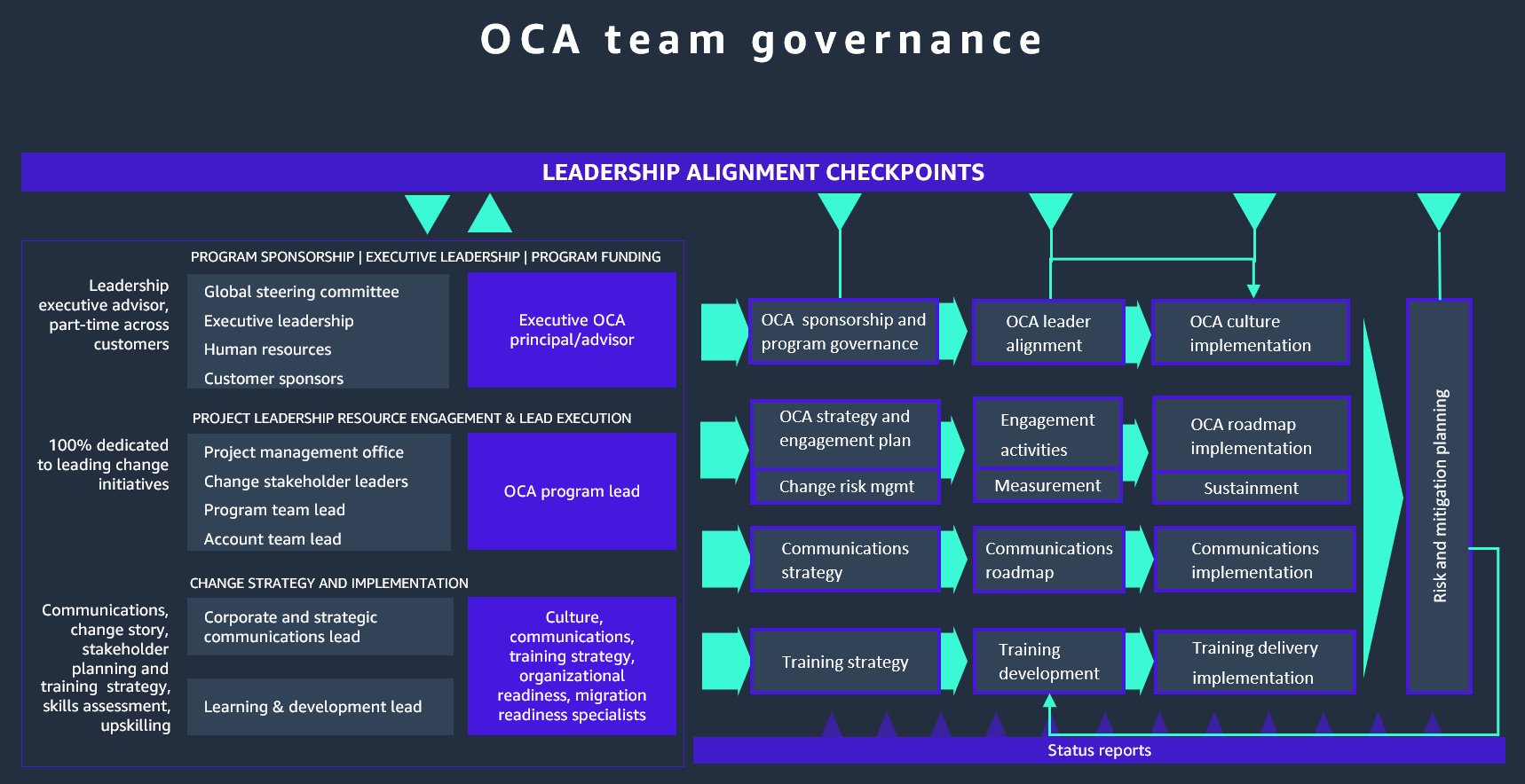 Example OCA team structure and leadership alignment checkpoints.