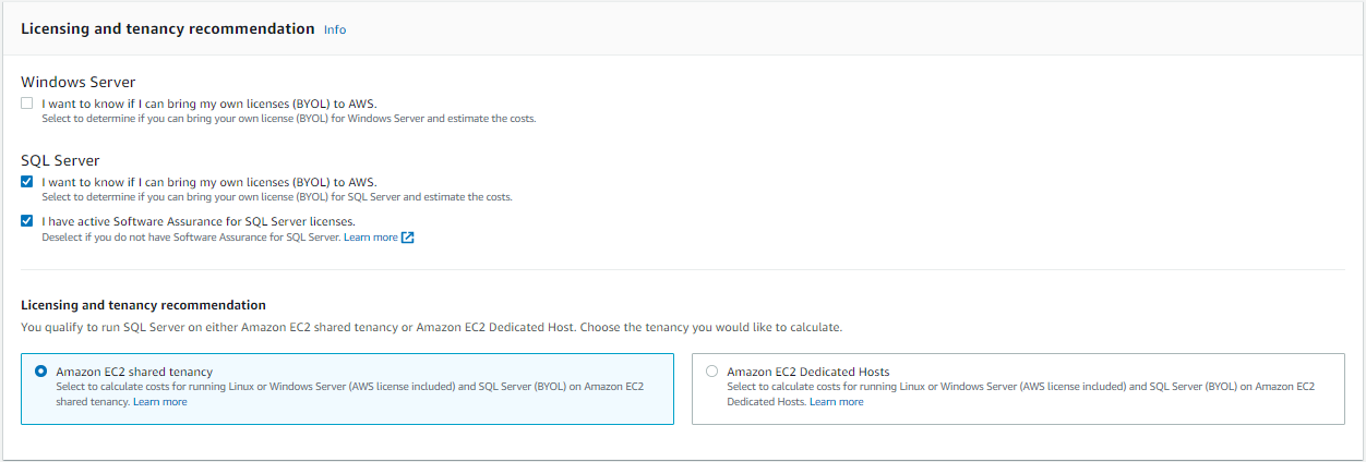 Licensing and tenancy recommendation with Amazon EC2 shared tenancy selected