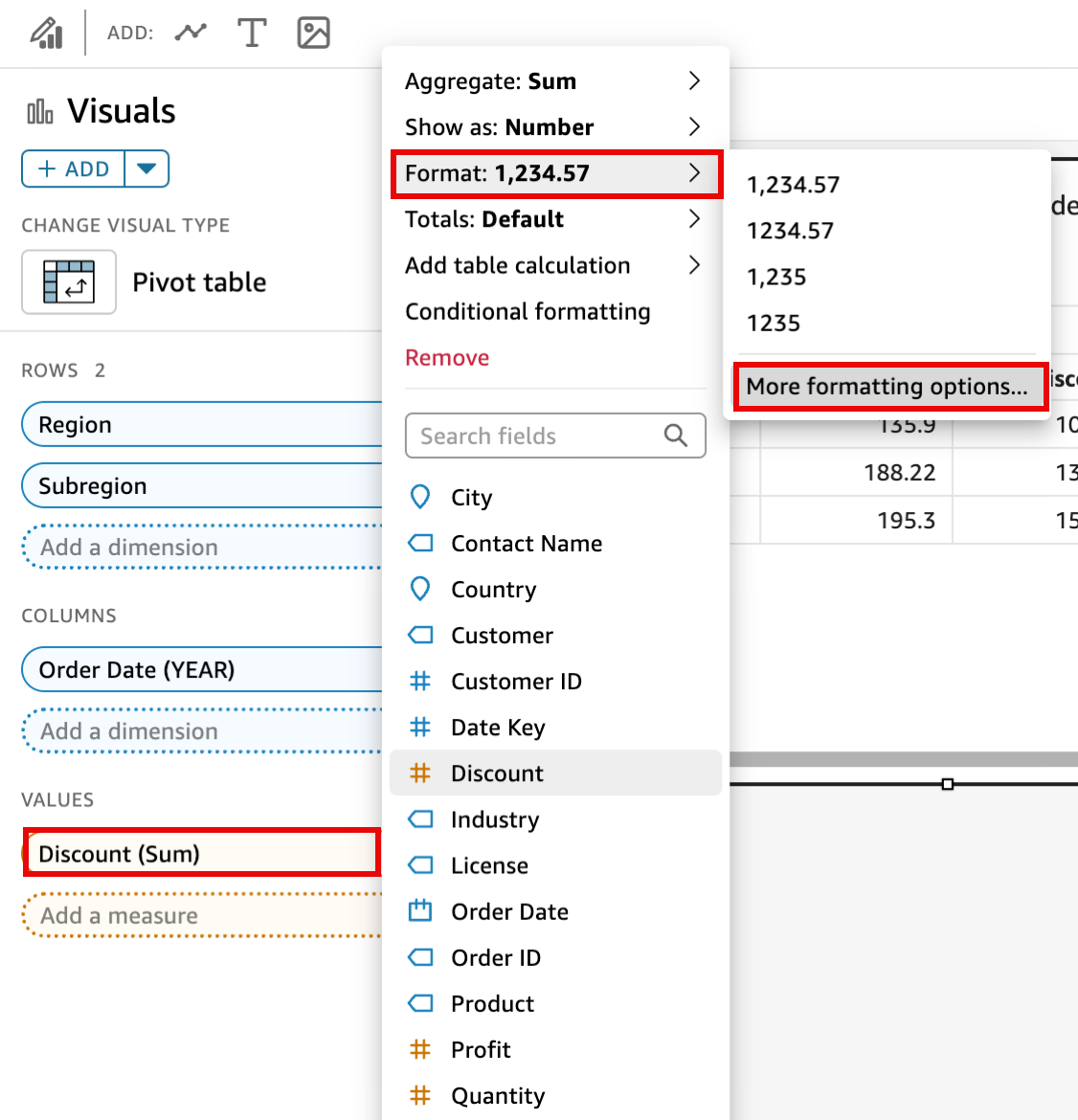 Access the Format data pane from the field wells.
