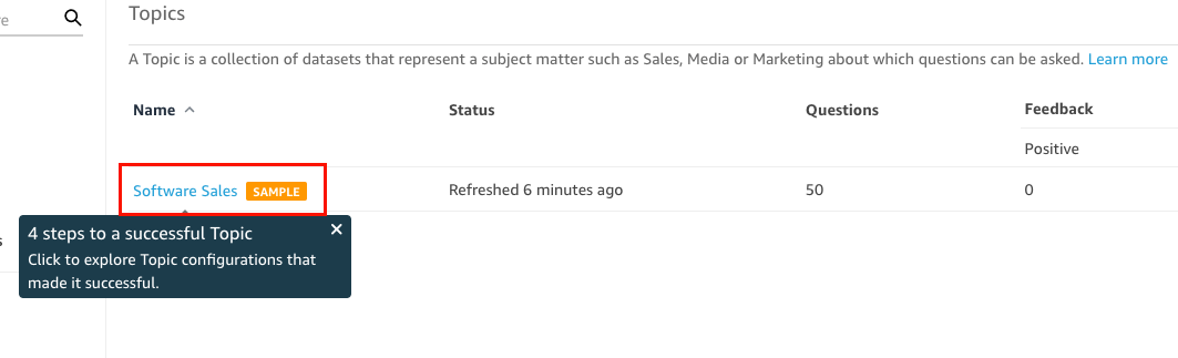Image of the QuickSight Topics page with the sample topic listed.