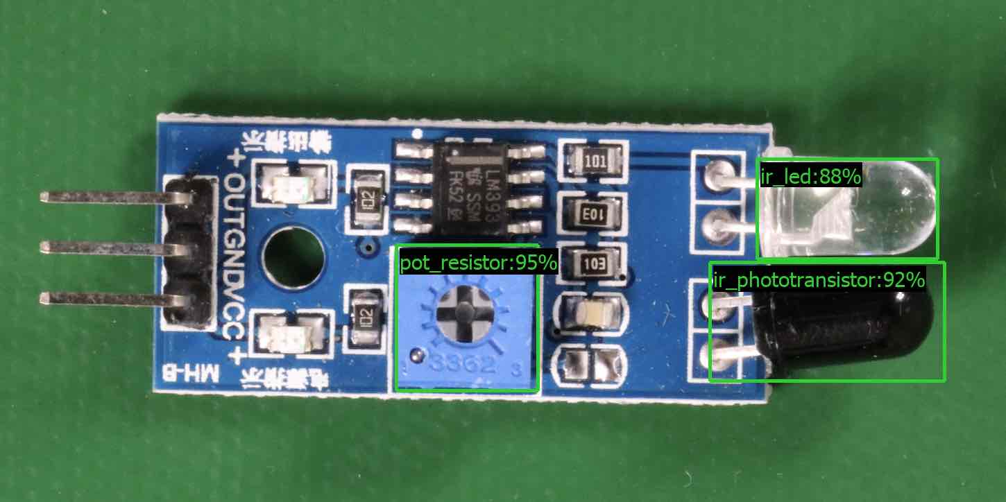 Circuit board with a potentiometer, infrared phototransistor, and LED components labeled.
