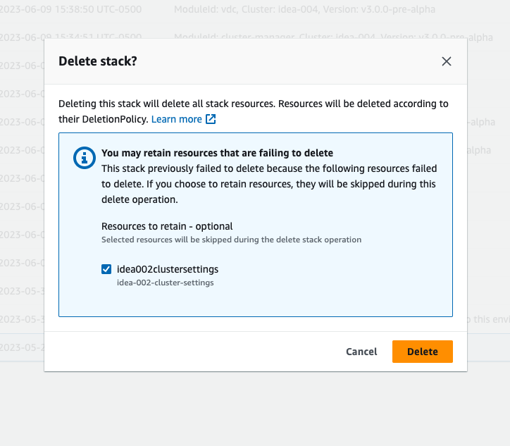 delete stack confirmation popup screen