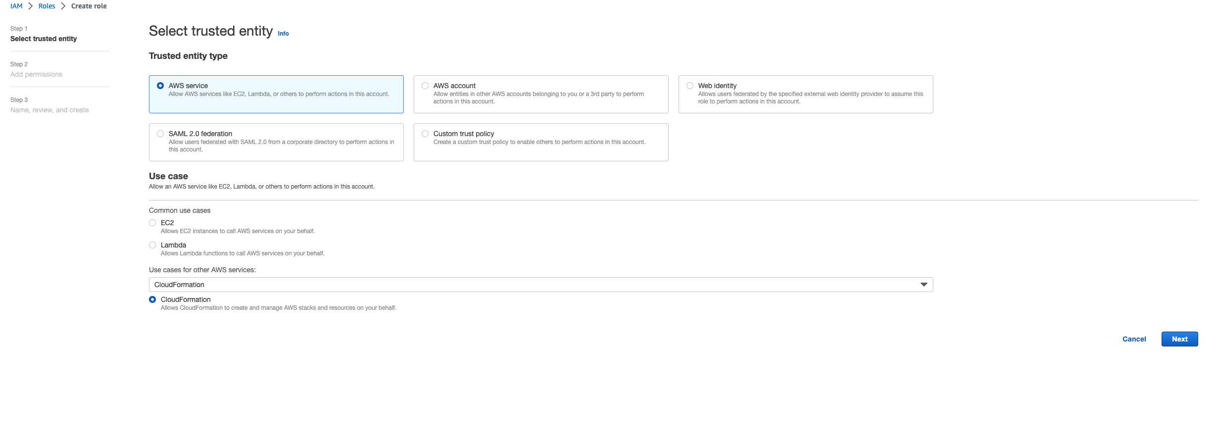 IAM Roles create role step 1 window lets you select the trusted entity