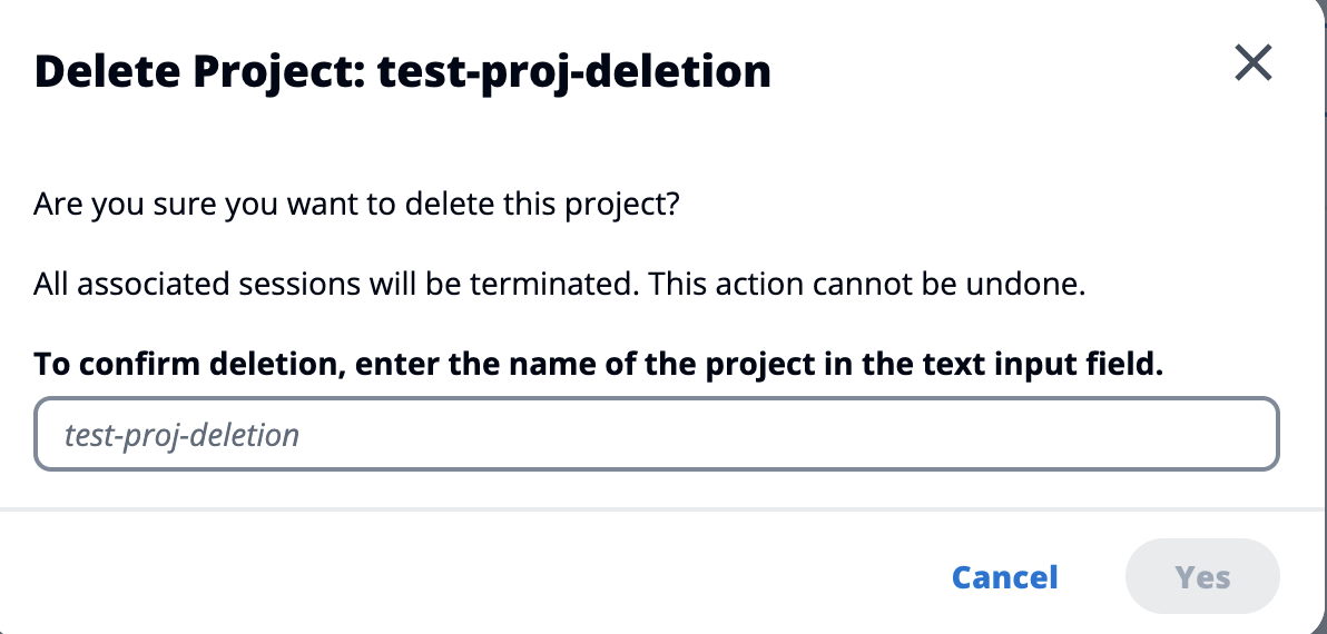 Delete projects confirmation pop-up