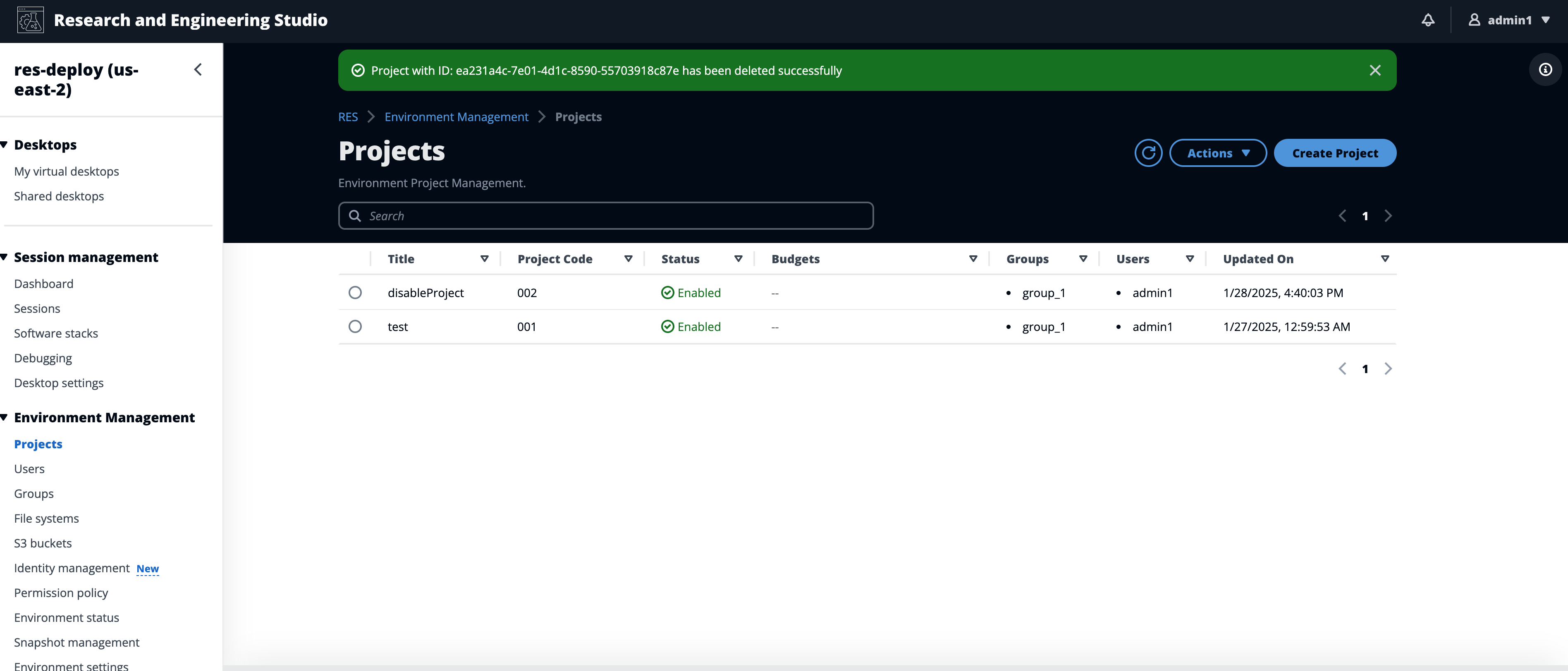Projects page under environment management with banner showing successful project deletion