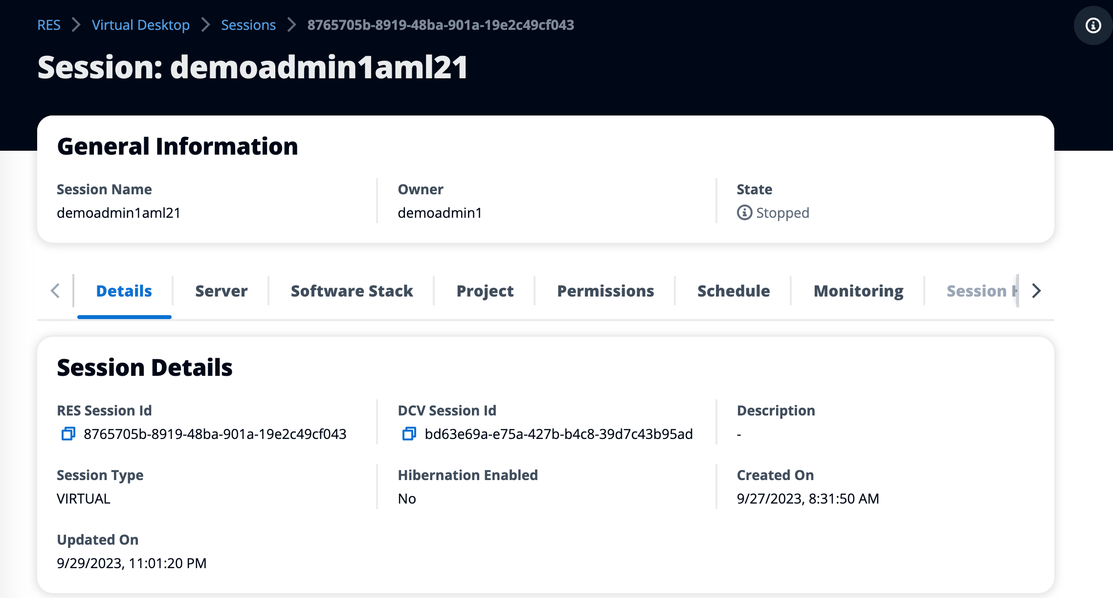 Admin console page with view of session details