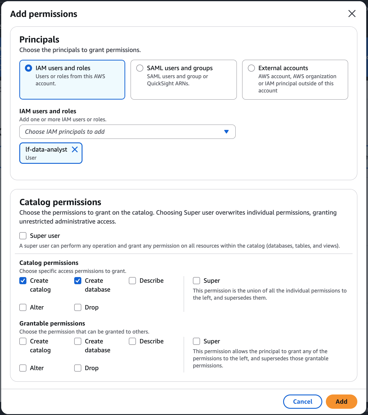 The catalog permissions page with principal type and grant options.