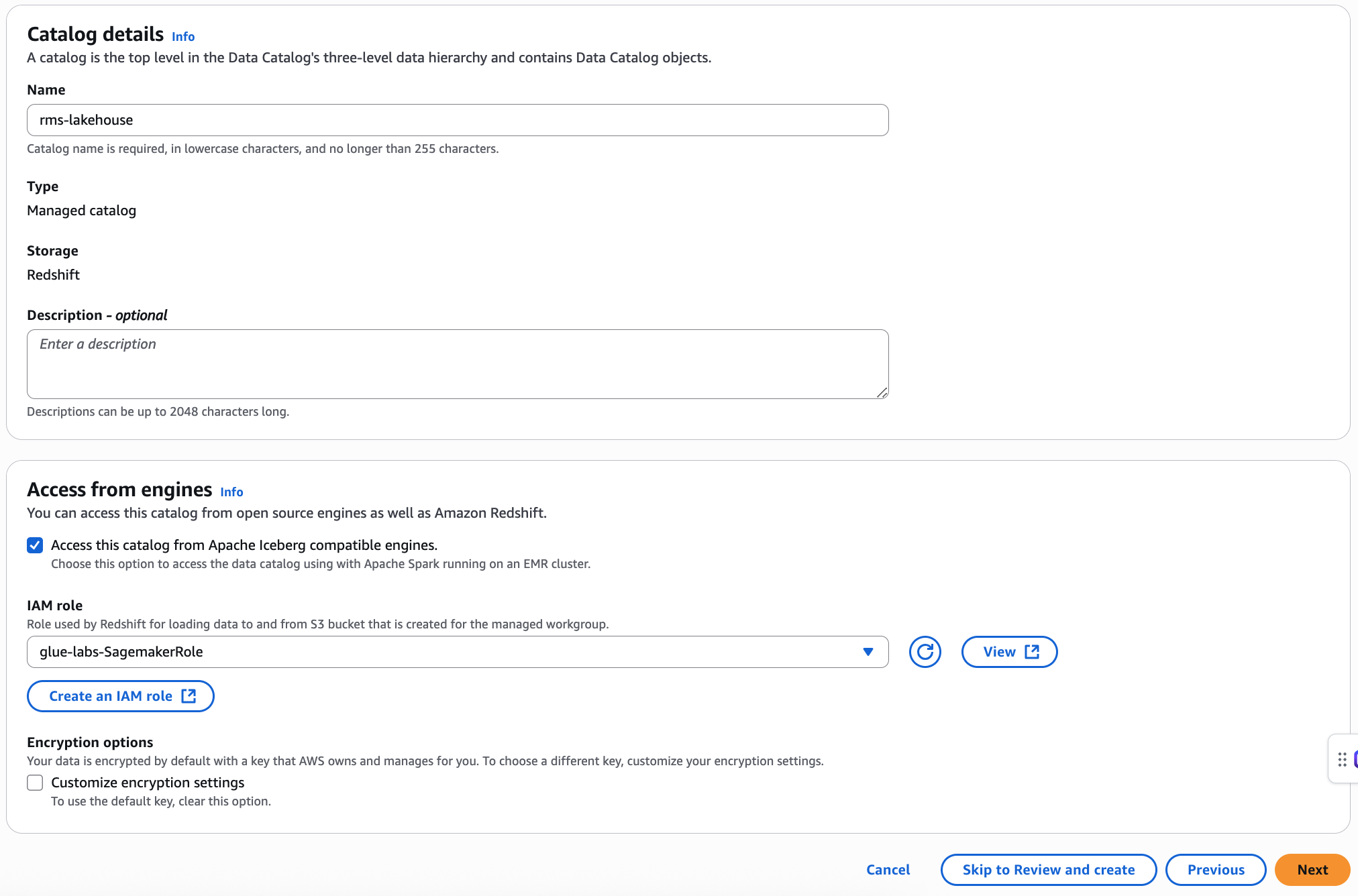 The create catalog page with catalog details.