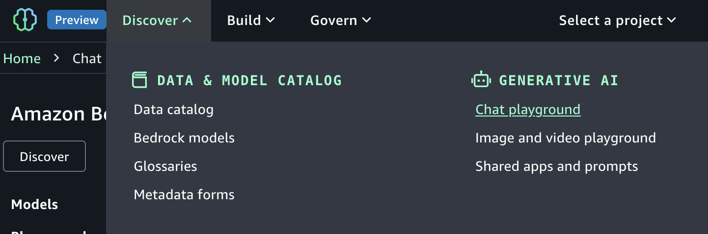 Open Amazon Bedrock in SageMaker Unified Studio chat playground.