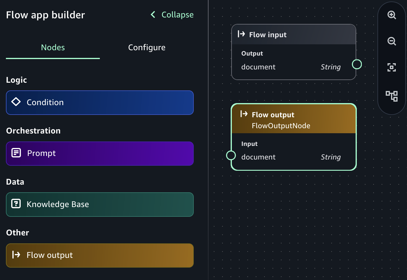 Input and output nodes in an empty Amazon Bedrock in SageMaker Unified Studio flow app.