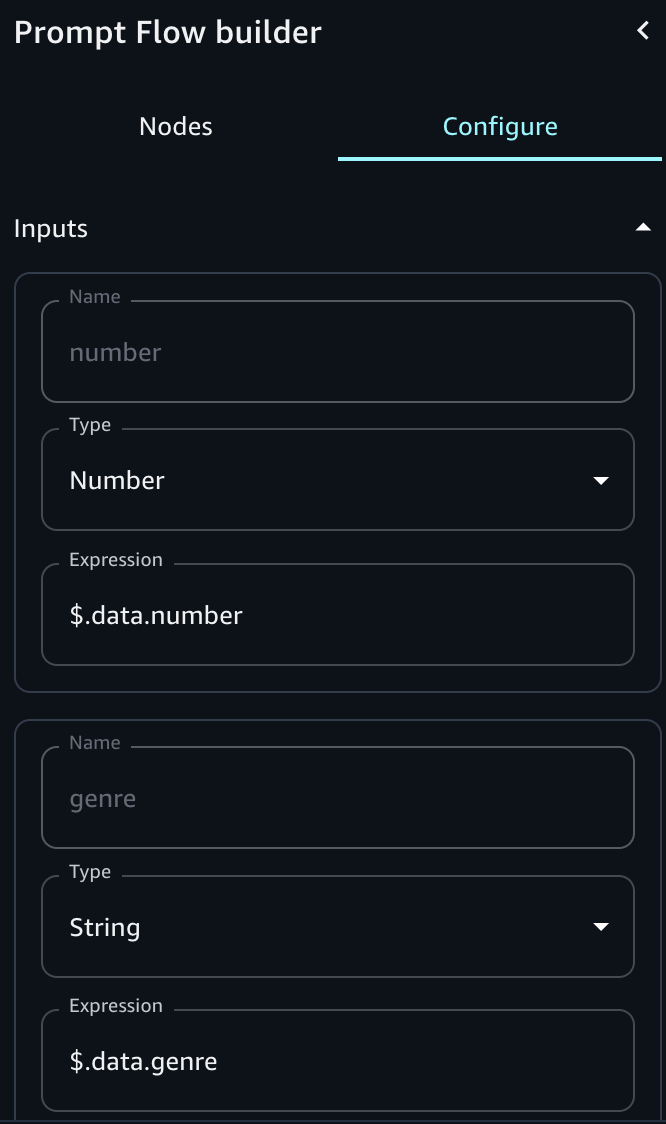 Input expressions for a JSON object passed to a prompt node in an Amazon Bedrock in SageMaker Unified Studio flow app.