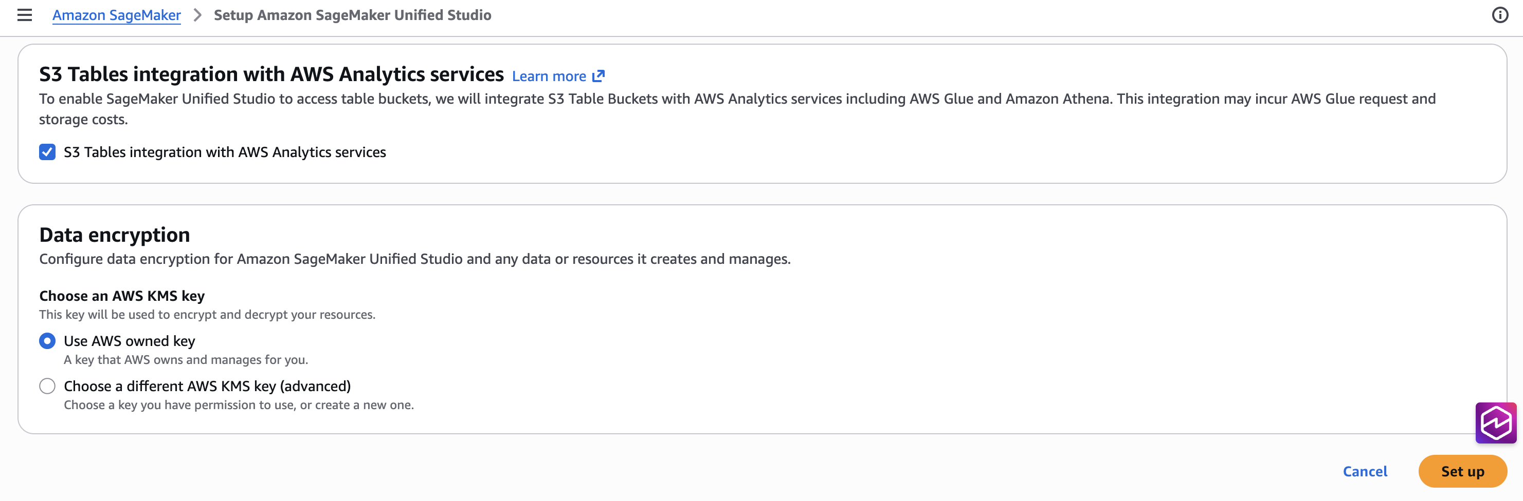 The storage and encryption configuration with S3 tables integration and encryption key options.