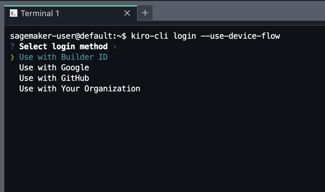 The Kiro CLI login method selection prompt showing options for Your Organization and Builder ID.