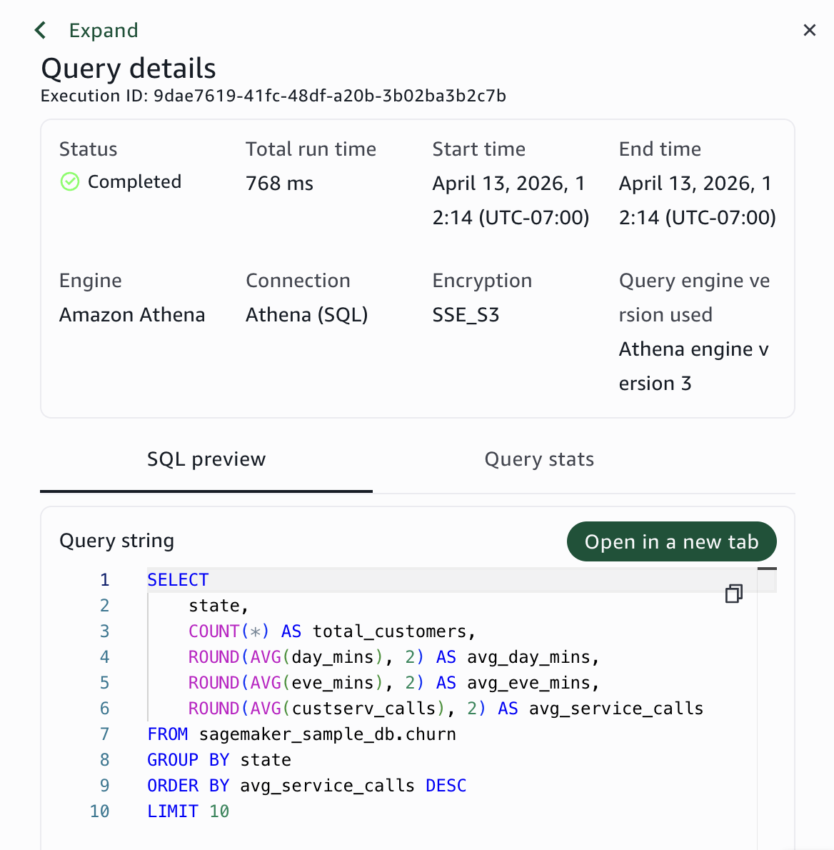 The query details panel showing full SQL, execution statistics, and engine-specific information.