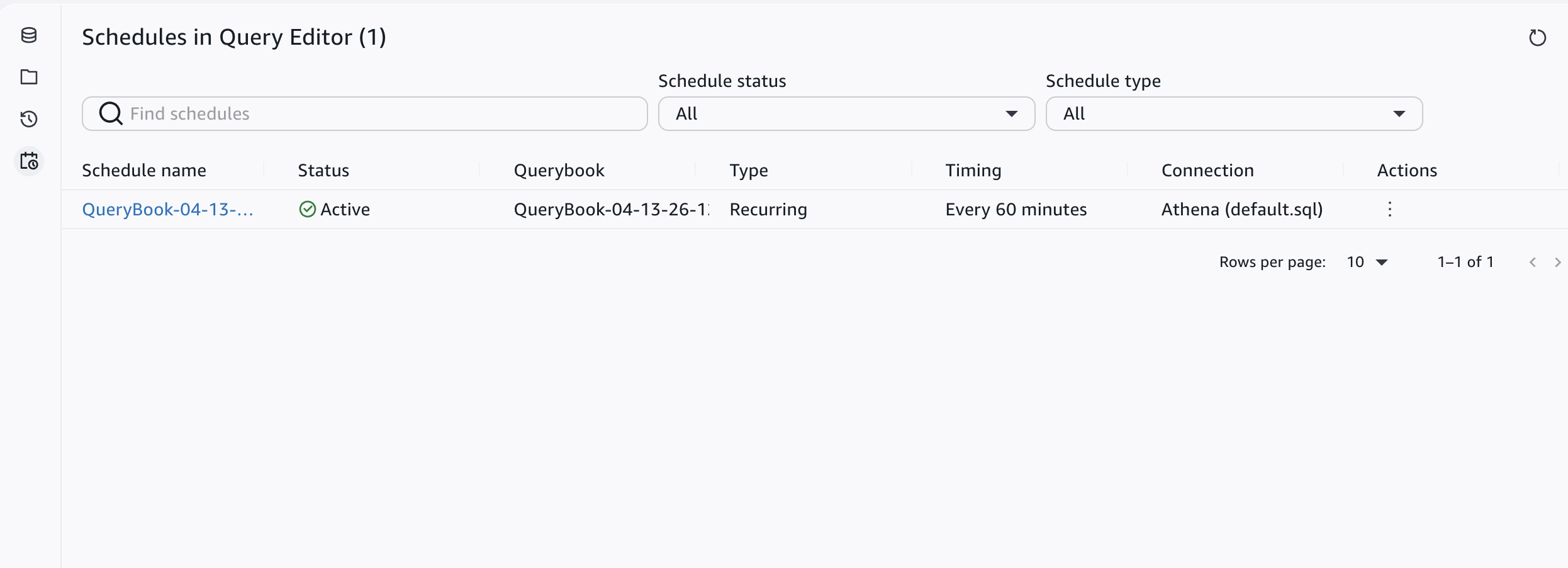 The scheduled queries page showing a list of scheduled querybooks with status and timing information.