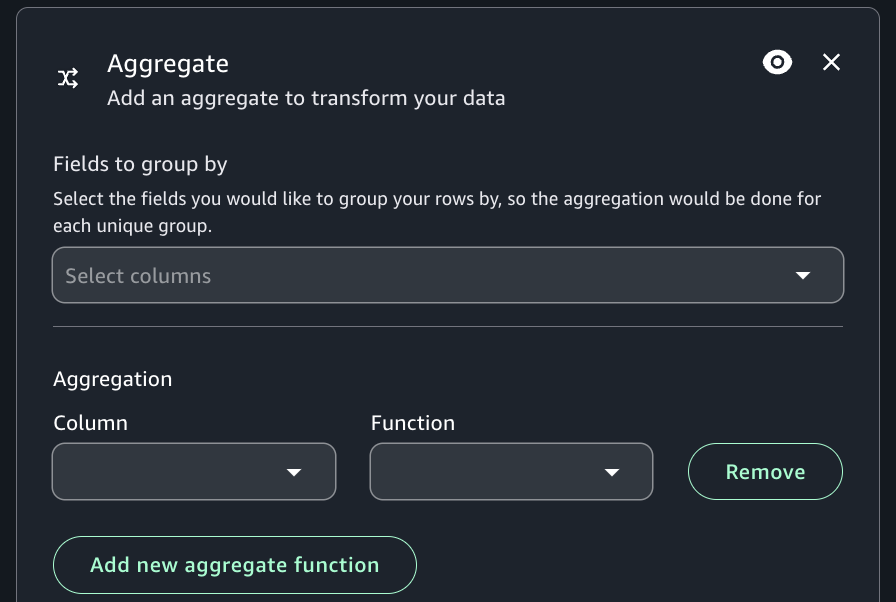 The Amazon SageMaker Unified Studio UI showing the configuration options for the Aggregate transform.