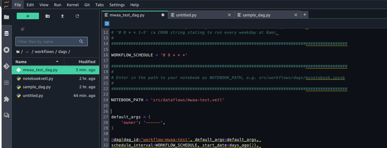 The Amazon SageMaker Unified Studio JupyterLab UI showing the notebook path and workflow schedule variables modified. .