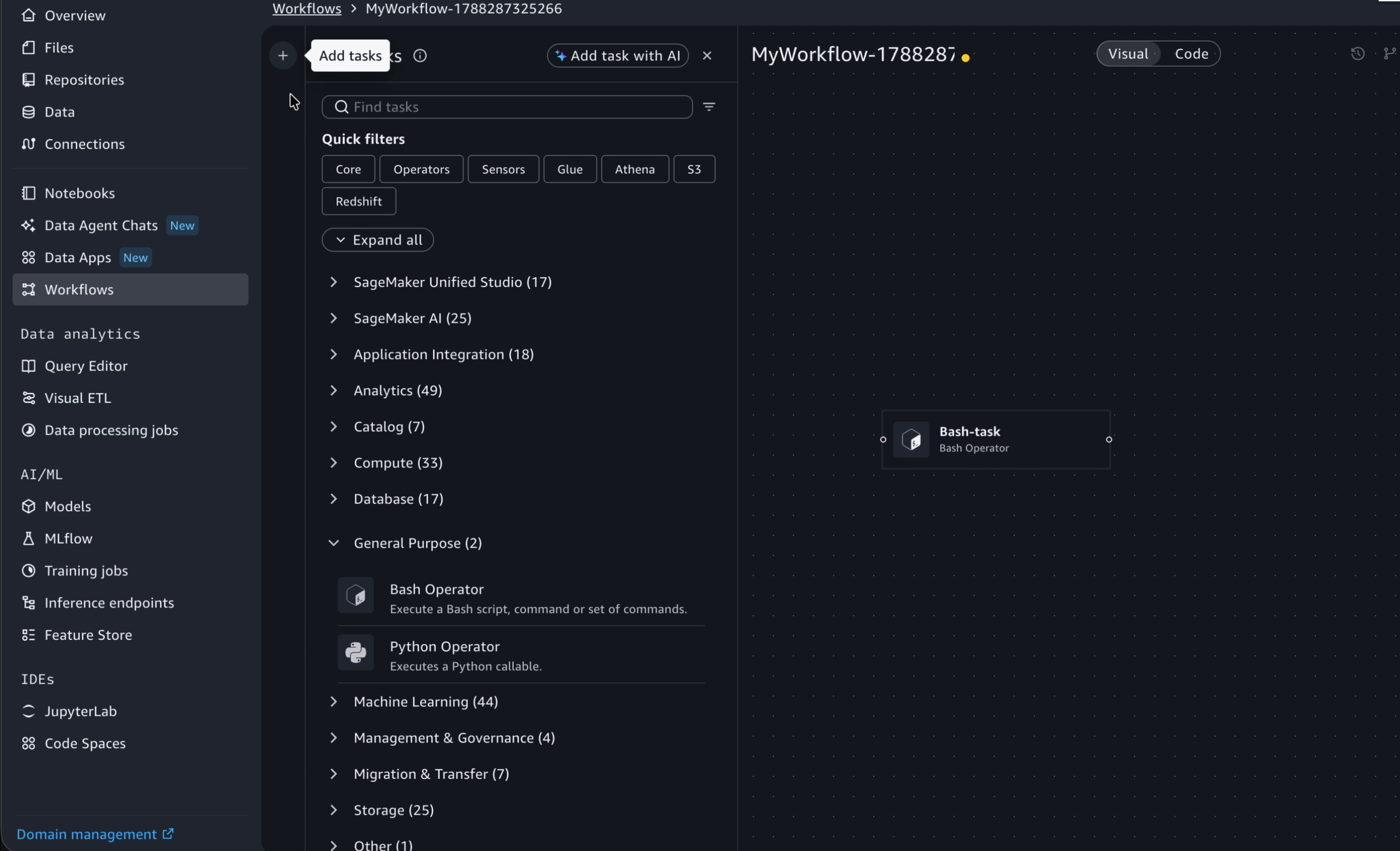 Task search window with the General Purpose category expanded to show the Bash Operator and Python Operator.